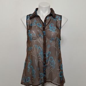 Cecico Sheer Brown Floral Academia Collared Button Down Hi-Lo Hem Top Size L